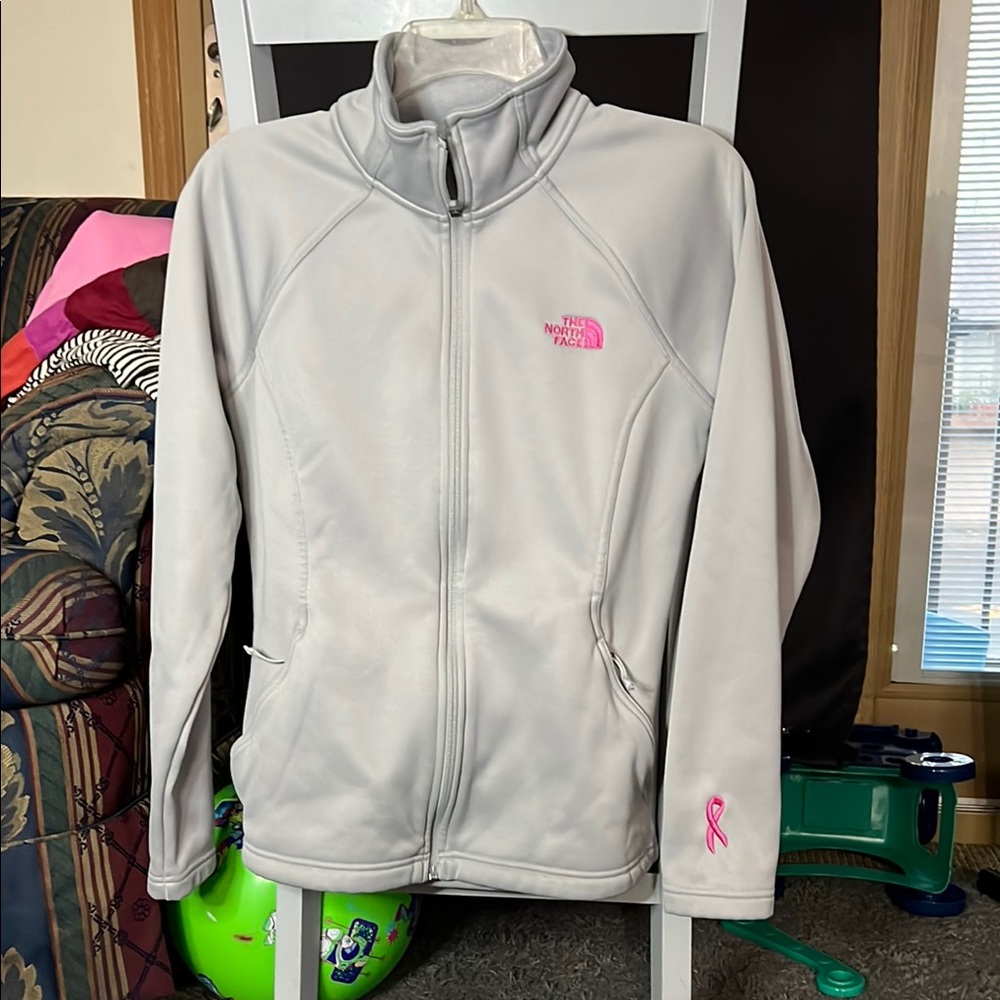 The North Face Light Gray Jacket with Pink Accents